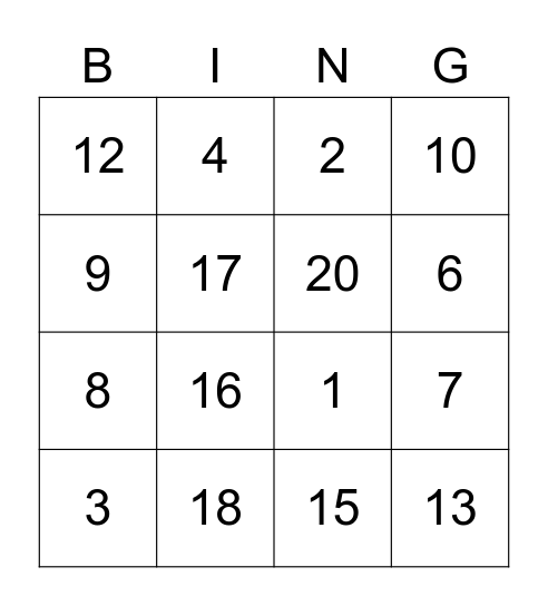 Number Bino Bingo Card