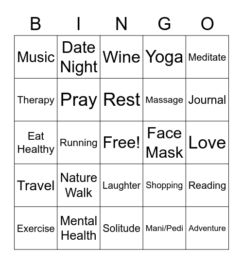 Self Care Bingo Card