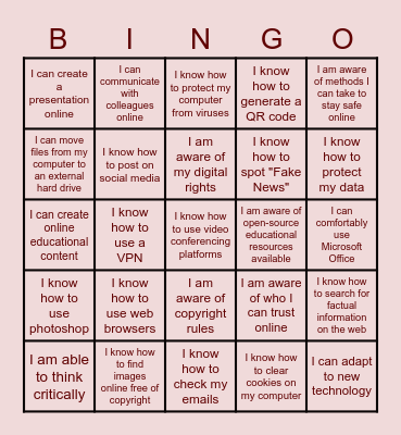 Digital Literacy Bingo Card