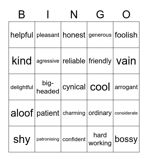 adjectives Bingo Card