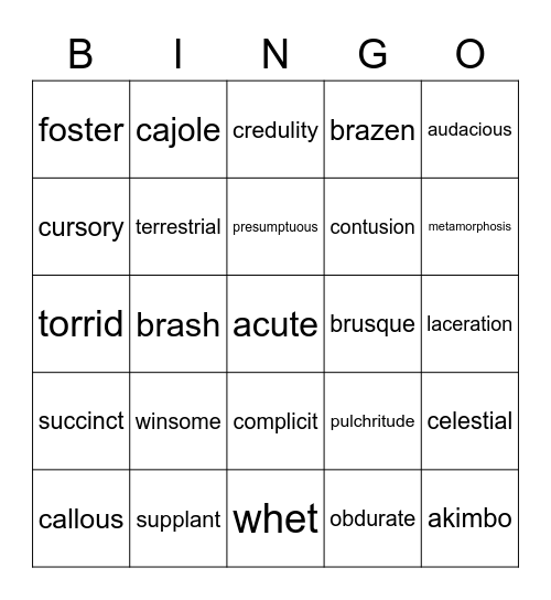 Myriad Vocab Bingo Card