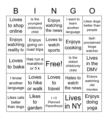 Getting To Know You Bingo Card