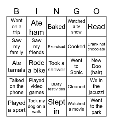 What did you do over break? Bingo Card