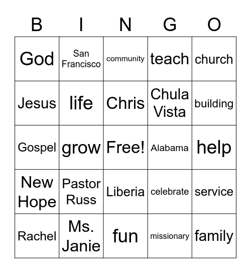 New Hope Bingo Card