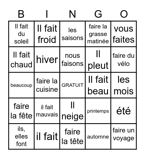 Expressions avec faire (to do/to make) Bingo Card