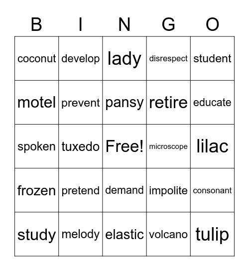 Open Syllable Words Bingo Card