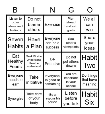 Seven Habits of Happy Youth Bingo Card