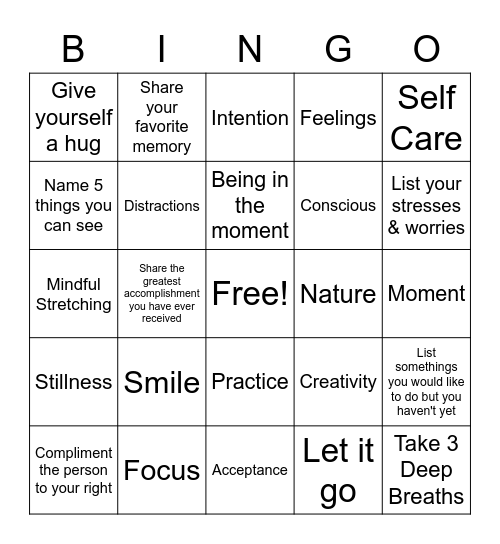 Mindfulness Bingo Card