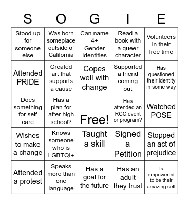 SOGIE YOUTH WORKSHOPS Bingo Card
