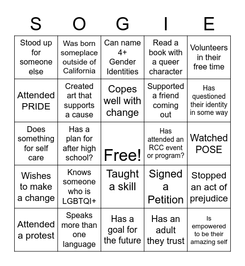 SOGIE YOUTH WORKSHOPS Bingo Card