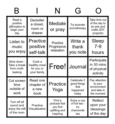 STRESS RELIEF BINGO Card
