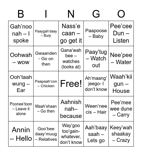 THE LINK OJIBWE BINGO Card