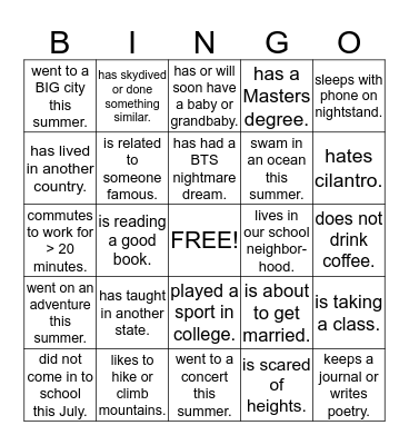 Find Someone Who... Ask where, when, how, why... Bingo Card