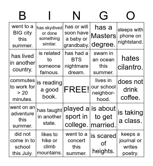 Find Someone Who... Ask where, when, how, why... Bingo Card
