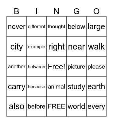 Sight Word Bingo Card