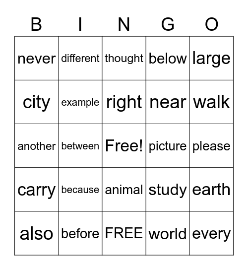 Sight Word Bingo Card