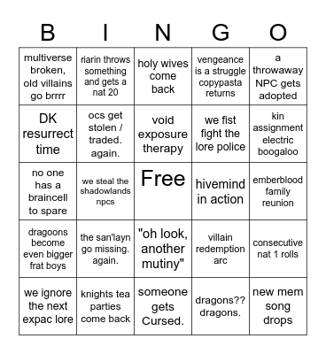 Knights Expac Bingo Card