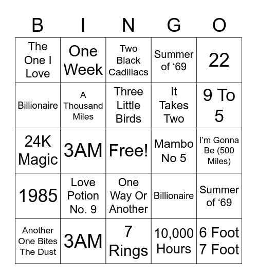 SONG TITLES WITH NUMBERS Bingo Card
