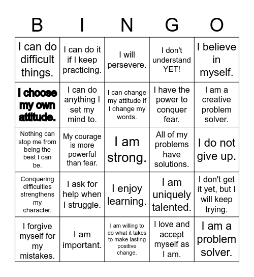 Affirmation Bingo Card