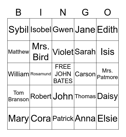 Downton Abbey Character Bingo Card