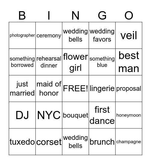 Bridal Shower Bingo Card