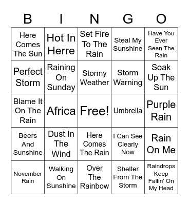 Songs About Weather Bingo Card
