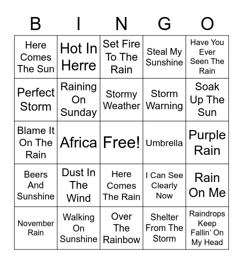 Songs About Weather Bingo Card