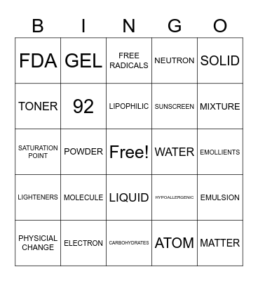 102 Chemistry Bingo Card
