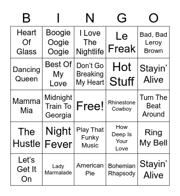 70's Songs Bingo Card