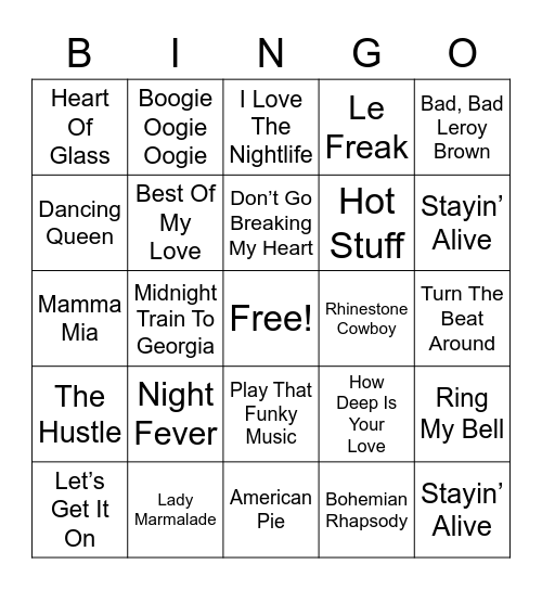70's Songs Bingo Card