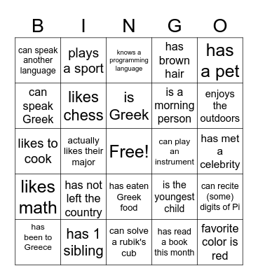 Greek Club: Find someone who... Bingo Card