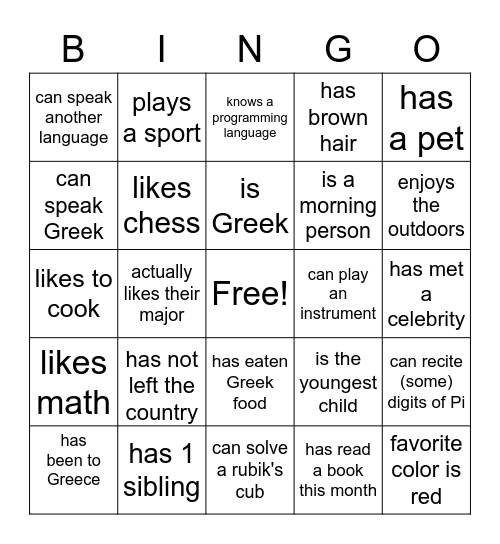 Greek Club: Find someone who... Bingo Card