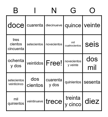 Los numeros Bingo Card