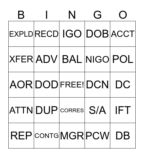 ABBREV. BINGO! Bingo Card