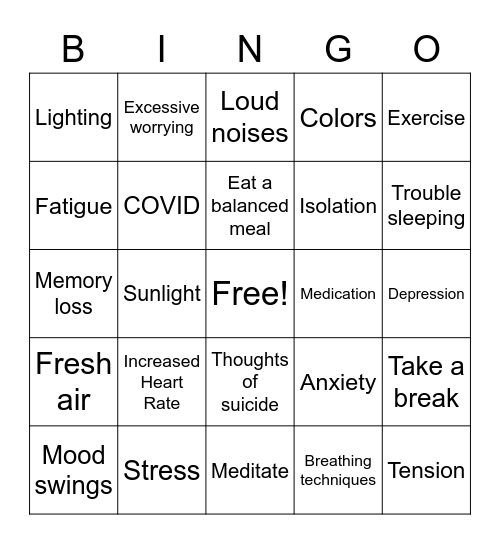 Anxiety Bingo Card