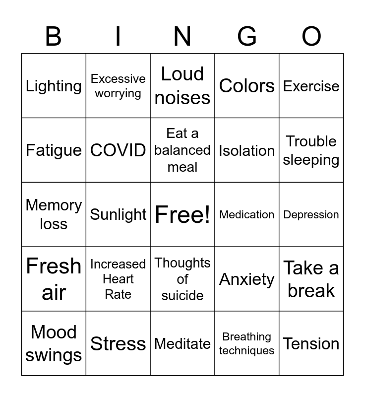 Anxiety Bingo Card