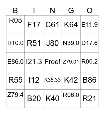 Common ICD-10 Codes MC Bingo Card