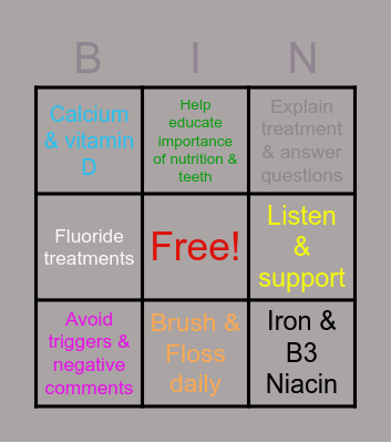 Dental Anorexia Bingo Card