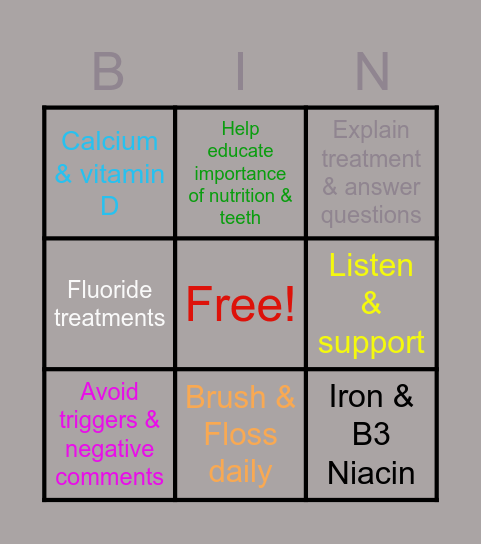 Dental Anorexia Bingo Card