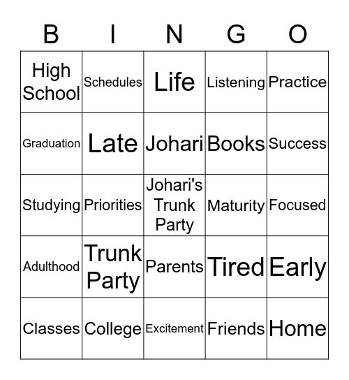 Johari's Going to College!! Bingo Card