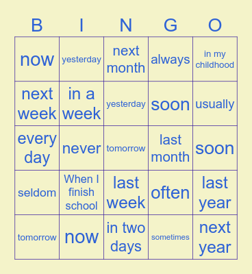 Present Past Future Bingo Card