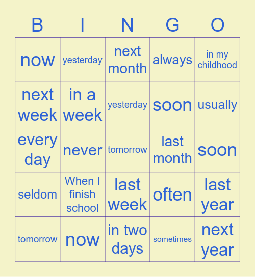 Present Past Future Bingo Card