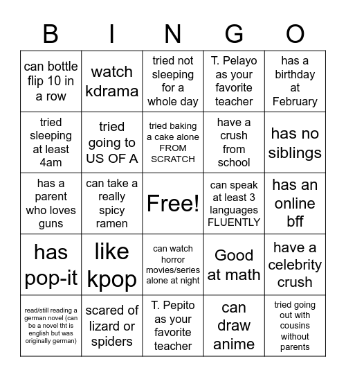 Reane's Bingo Card