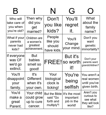 Childfree Bingo Card