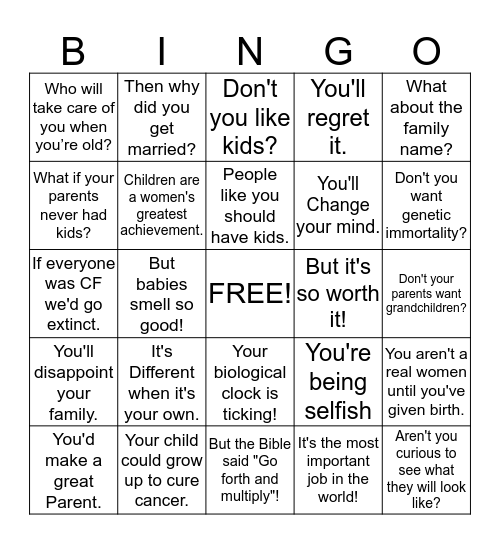 Childfree Bingo Card