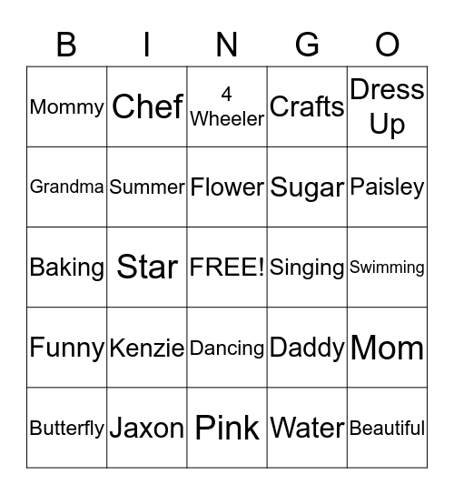 Kenzie Bingo Card