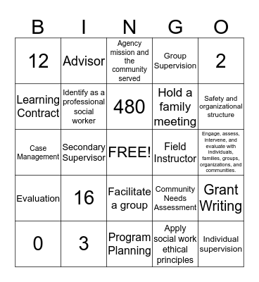 Field Education 101 Bingo Card