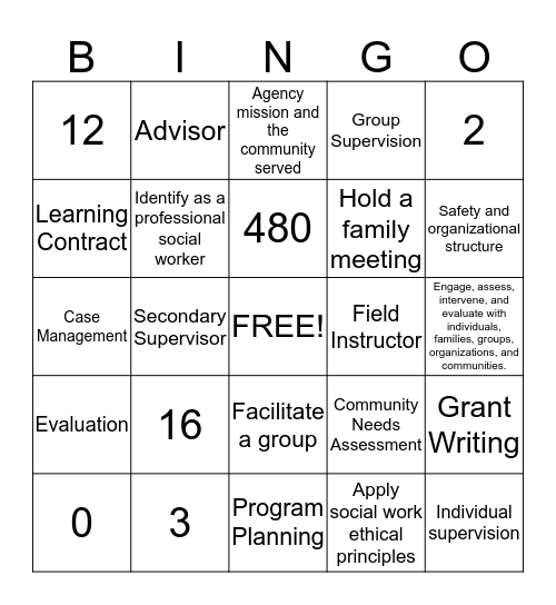 Field Education 101 Bingo Card