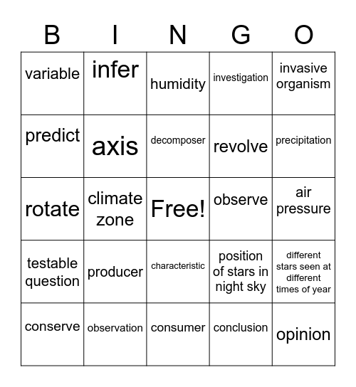 Super Science Bingo Card