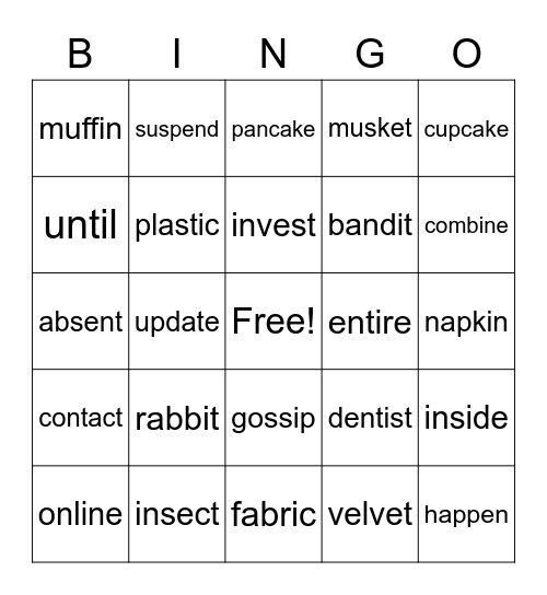 VCCV words Bingo Card